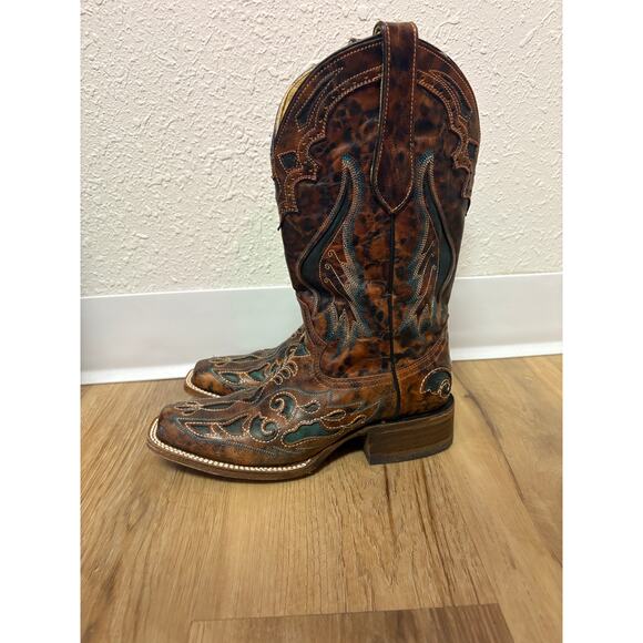 CORRAL WOMEN'S SQUARE TOE INLAY WESTERN BOOTS Brown Green Size 6.5 - Picture 3 of 10